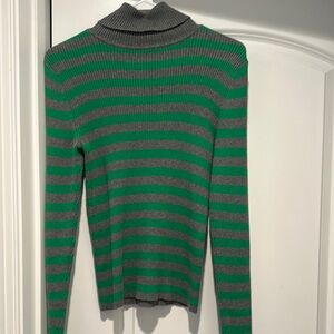Striped Green and Gray Turtleneck Sweater